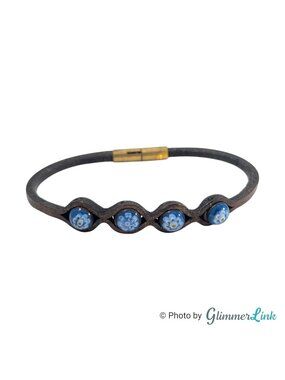 Brown Leather Millefiori Glass Bead Bracelet Floral Blue Boho